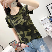 Thumbnail for T-shirt Women's Bottoming Shirt Round Neck Camouflage Short-sleeved Slim Army Green Military Uniform